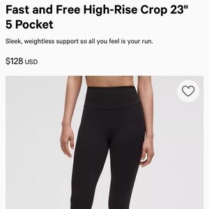 Brand new Lululemon Fast and Free High-Rise Crop 23" 5 Pocket leggings size 18